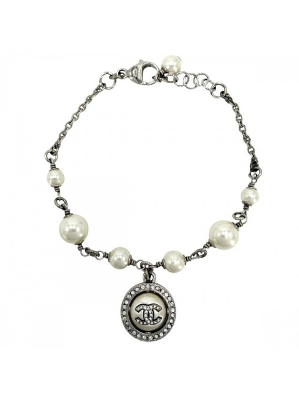 Chanel Bracelet CC Logo Adjustable Star with Faux Pearl Line Stone Silver White